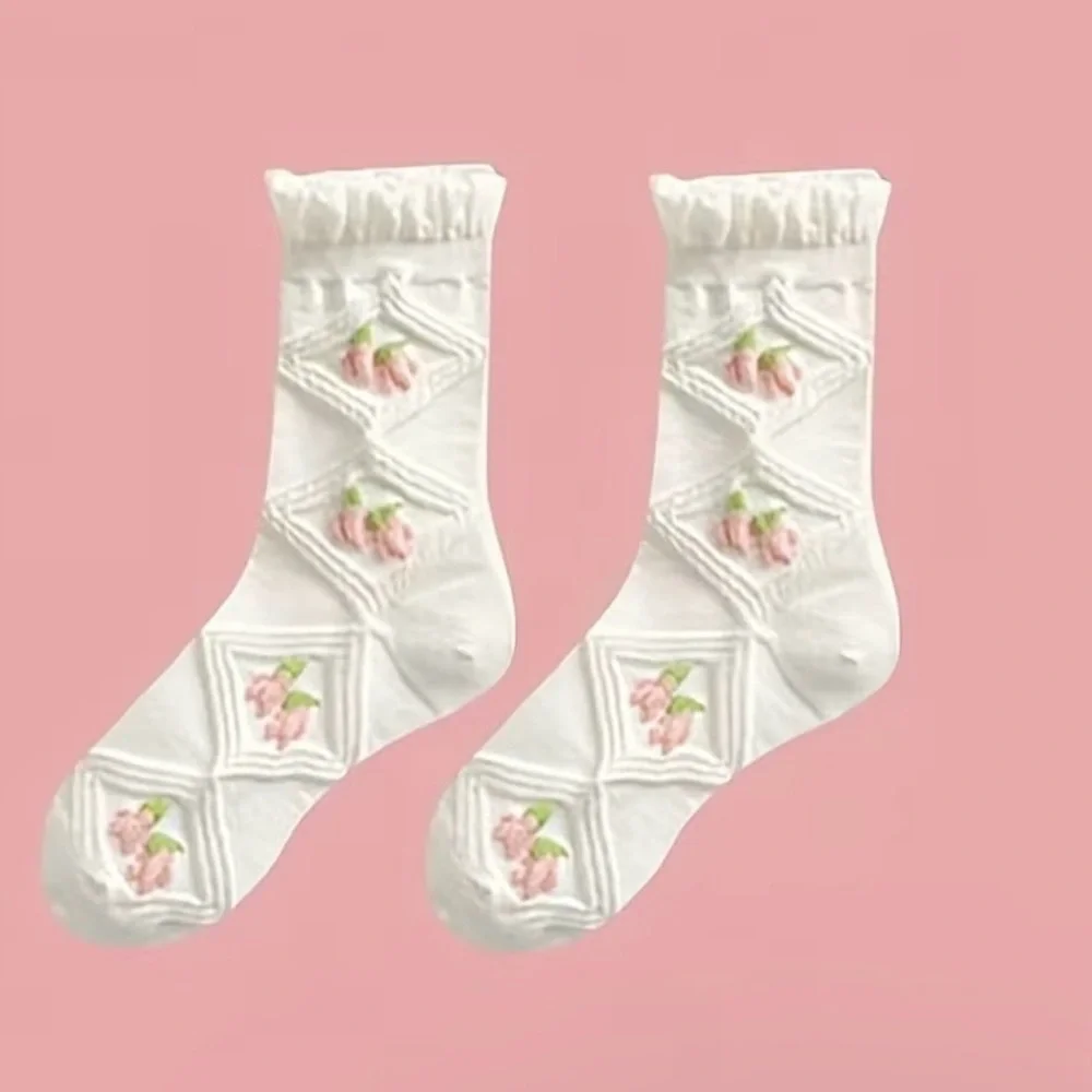 5-Pack Women's Socks, White Lace Mid-Calf Sweet Tulip Pink Embroidered Socks Set